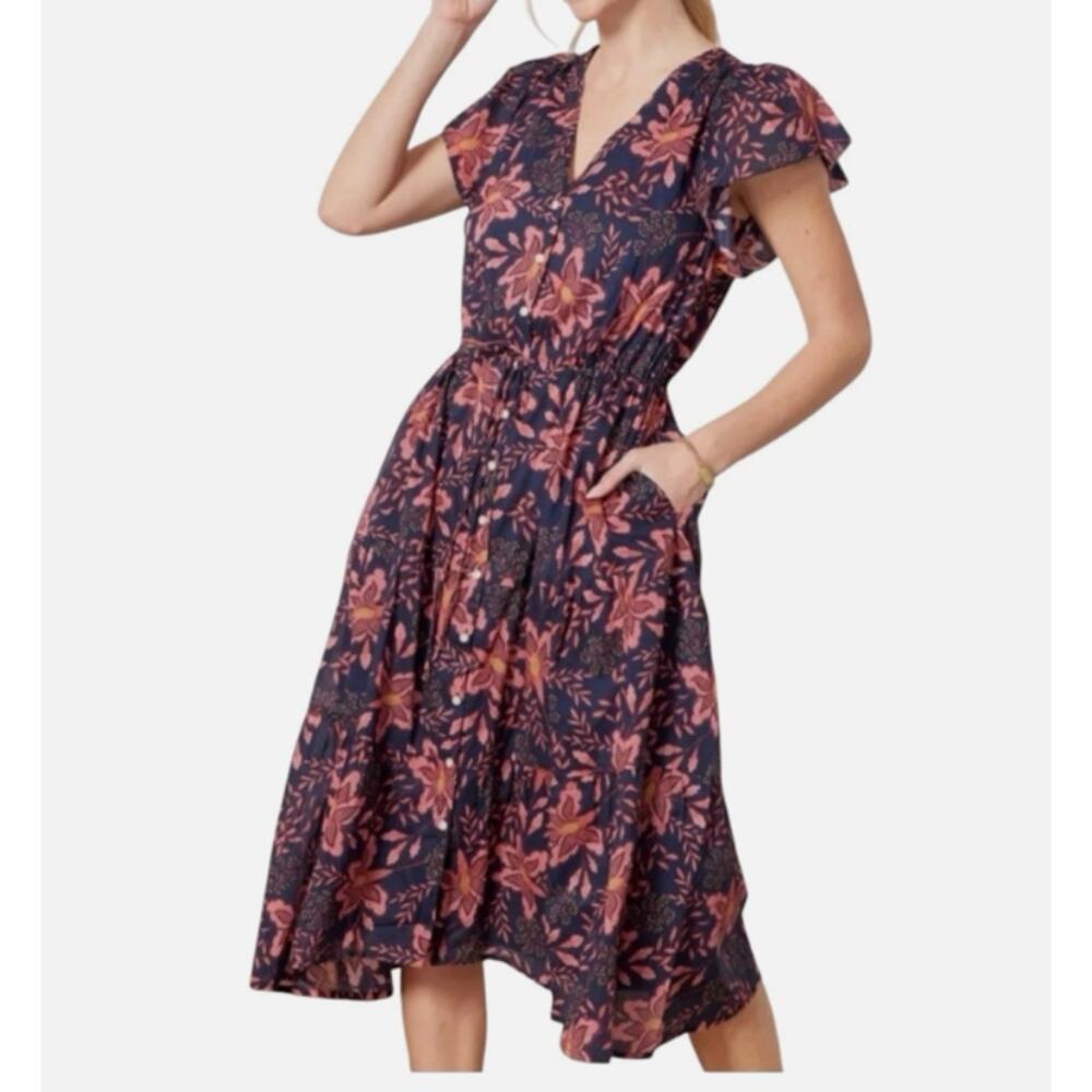 Trovata Birds of Paradis Hildie Dress Medium NWT Burgundy Pink Floral Tie Waist - Picture 4 of 9